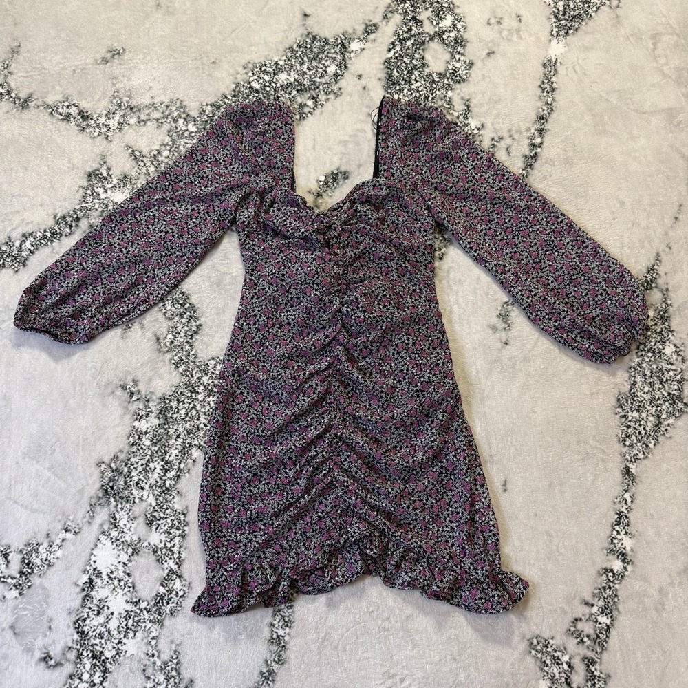Floret Studio Dress Womens Size L Multi Ditsy Floral Long Sleeve Ruched Mini